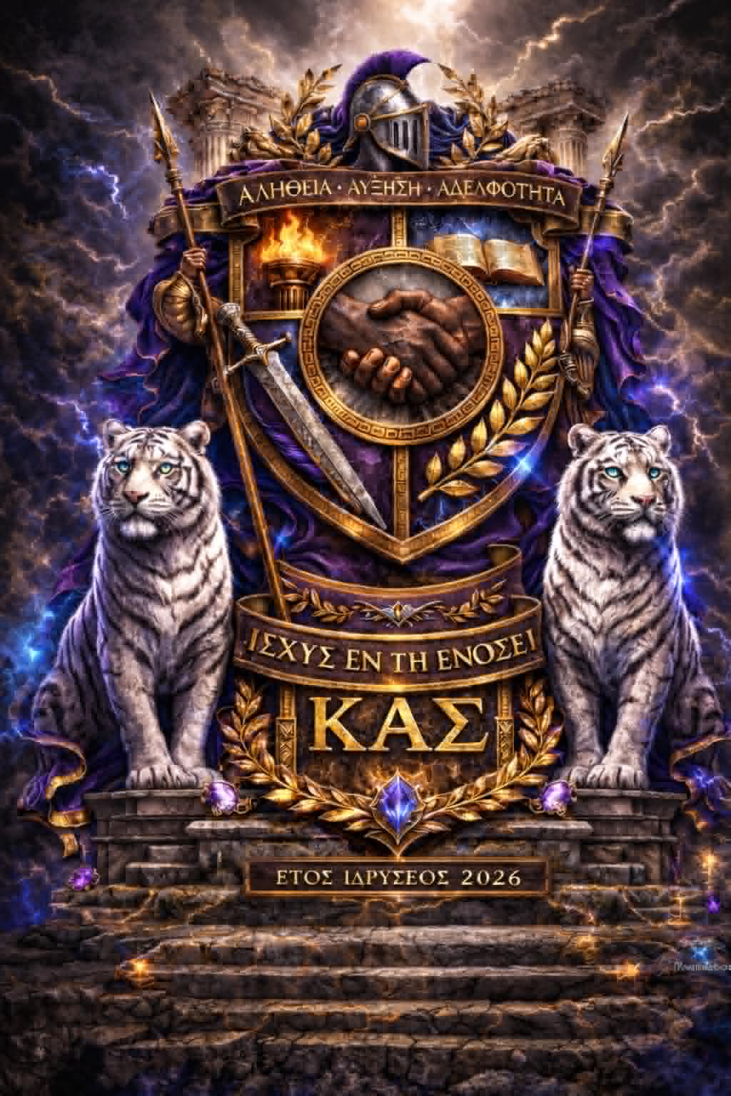 Kappa Alpha Sigma Fraternity ΚΑΣ official crest — purple and gold shield flanked by white tigers